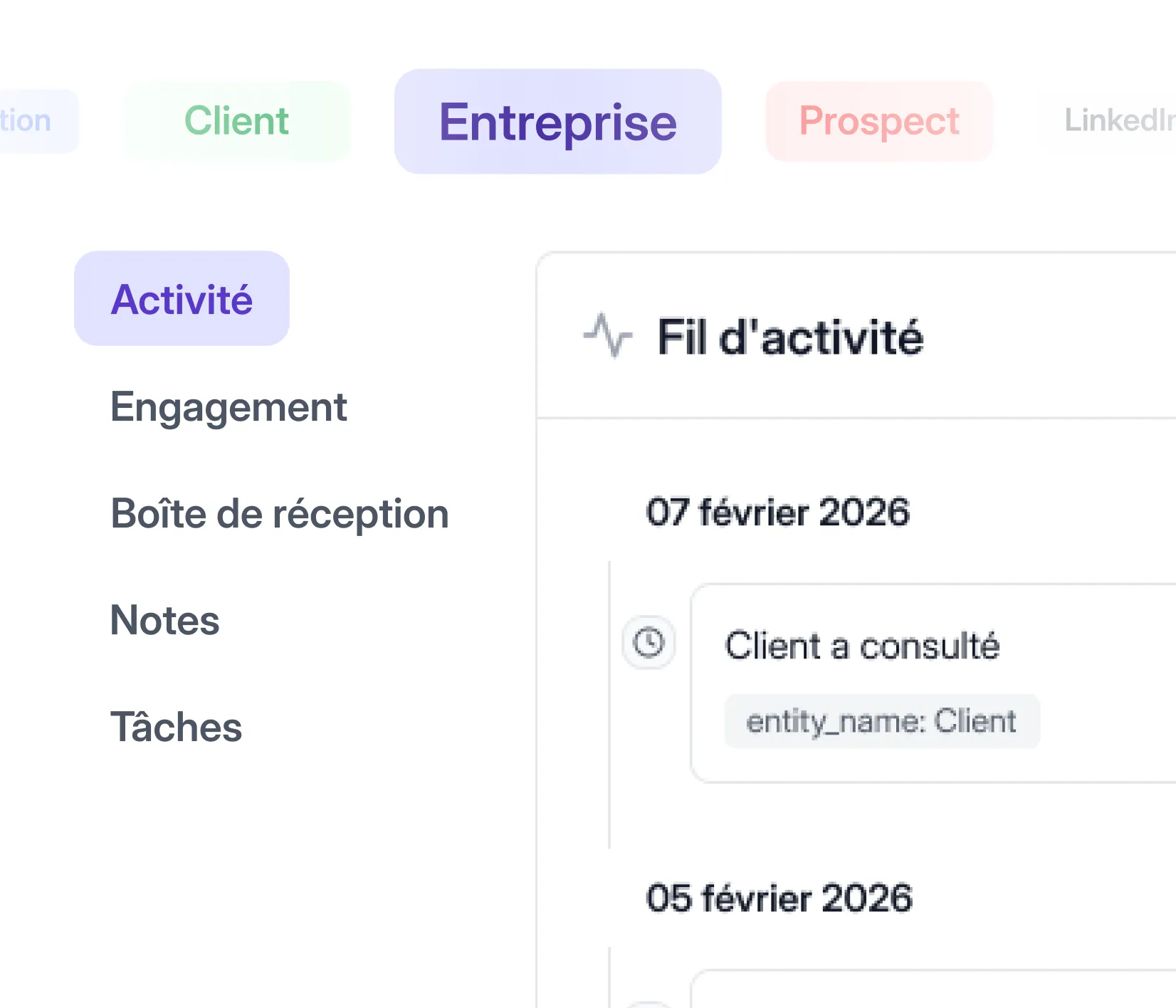 CRM software UI with tabs for Activity, Engagement, Inbox, Notes, Tasks, and an activity feed.