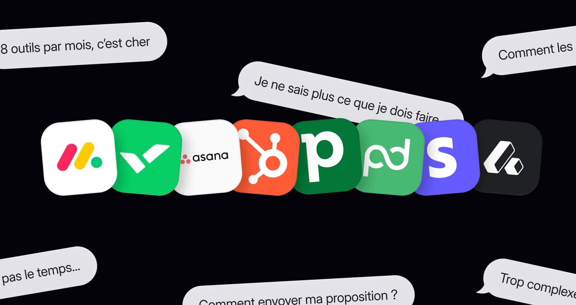 Collage of SaaS logos with callouts about cost and wasted time on a purple background.