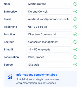 Interface Elevia : enrichissement automatique d'une fiche prospect avec données vérifiées