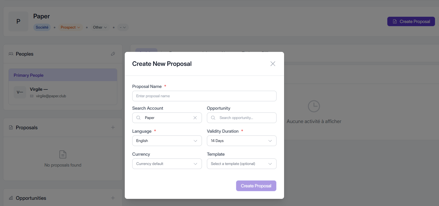Interface Elevia : création d'une proposition commerciale depuis une fiche prospect