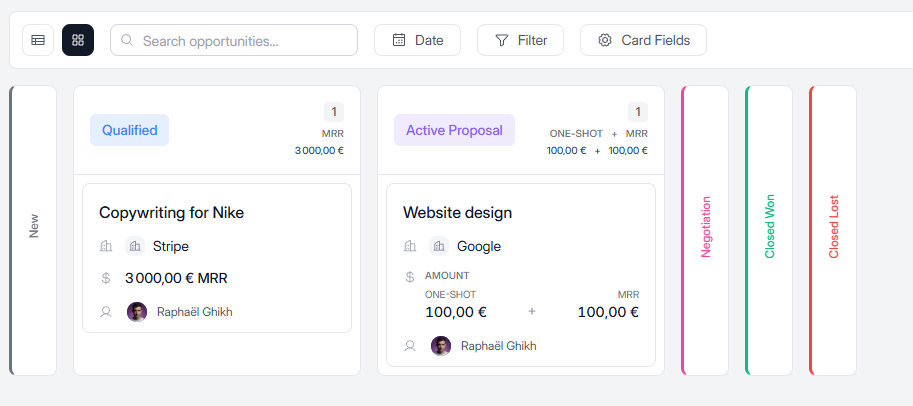 Pipeline Kanban Elevia : colonnes Qualified, Active Proposal et cartes opportunités