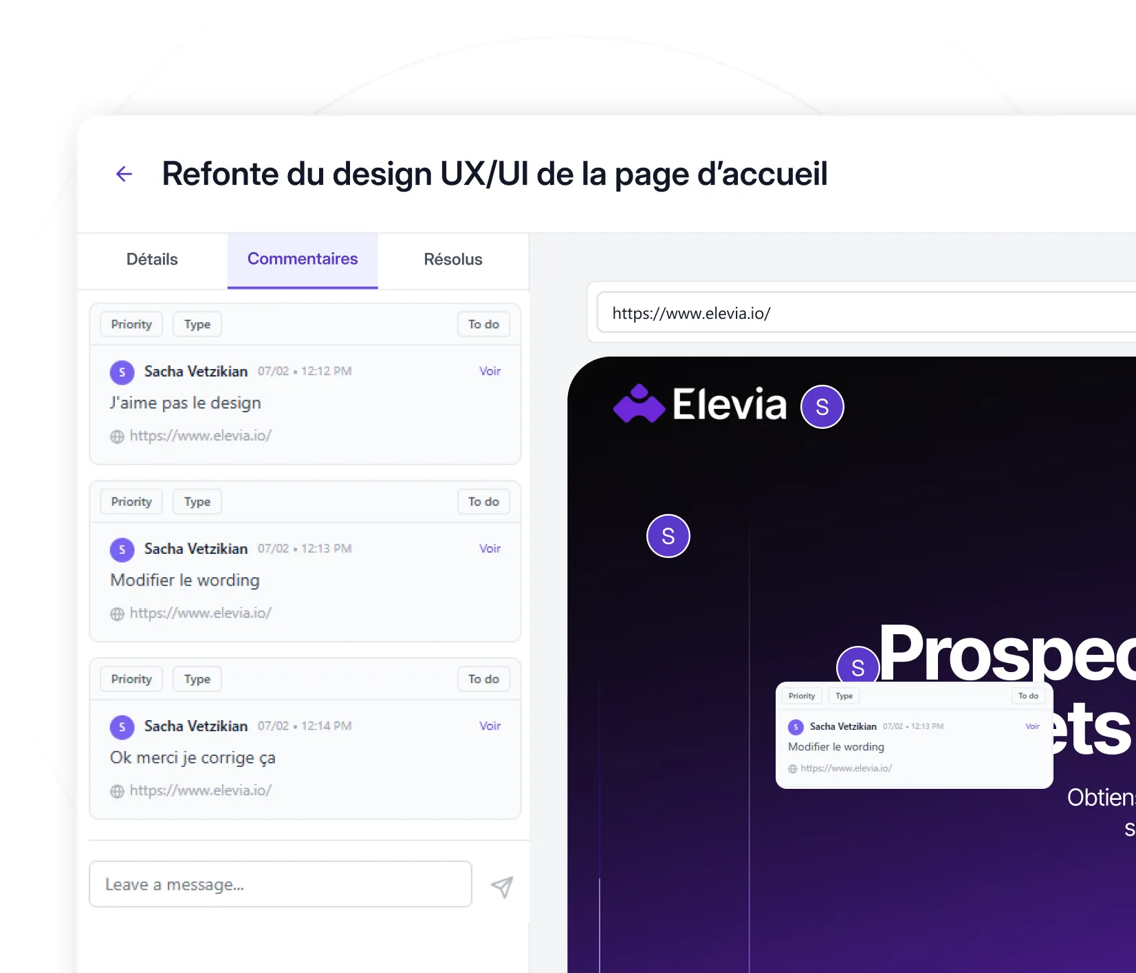 Interface de commentaires pour la refonte UX/UI avec fil de messages clients.