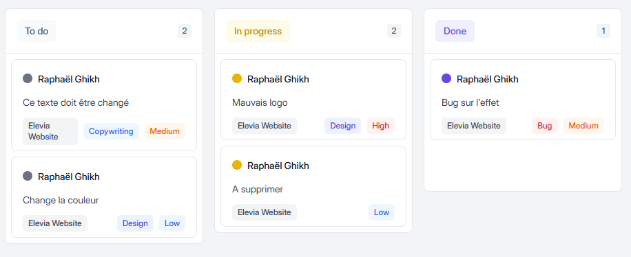 Tableau kanban de commentaires design feedback centralisés