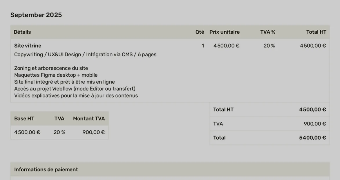 September 2025 invoice for a brochure site: qty 1, unit €4500, VAT 20%, net €4500, VAT €900, total €5400 incl. tax.