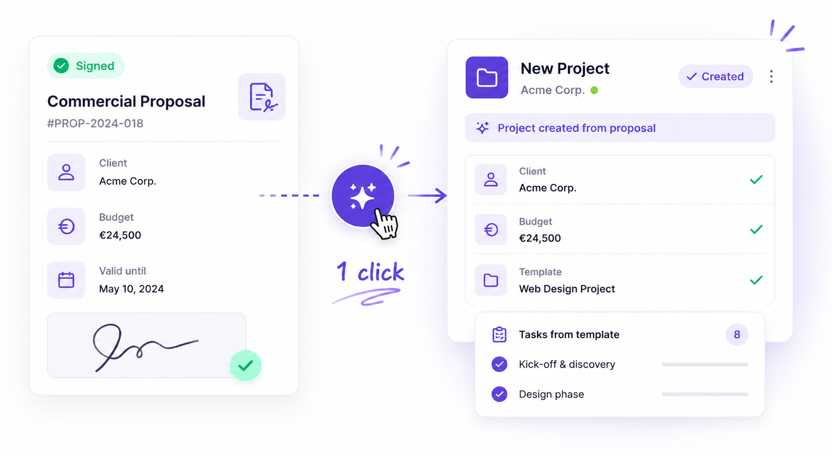 Interface Elevia : conversion d'une proposition signée en projet en un clic