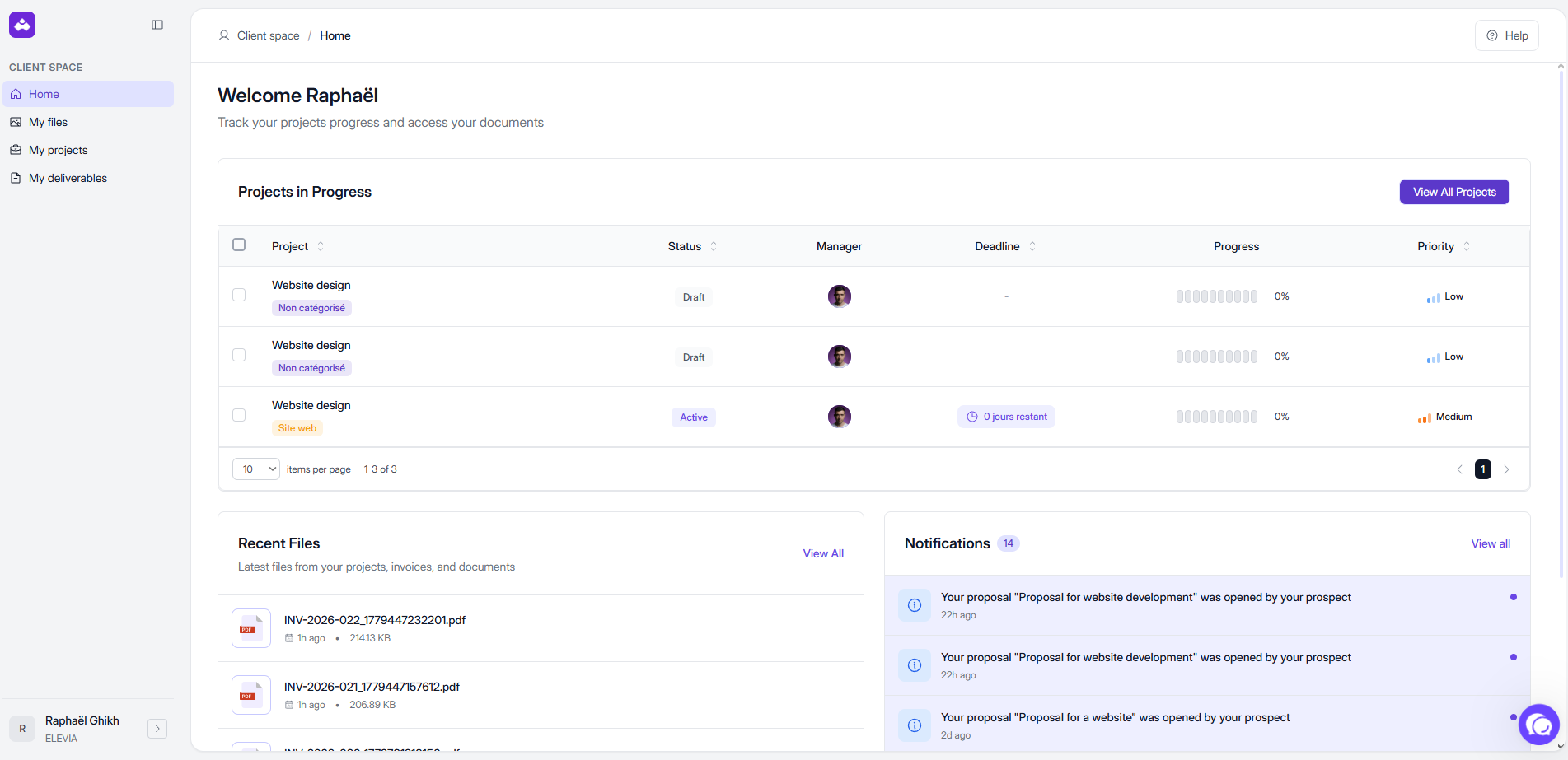 Interface Elevia : portail client avec suivi de projets et fichiers