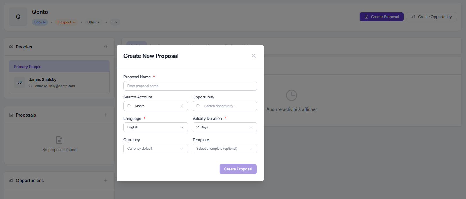 Interface Elevia : création d'une proposition depuis une opportunité CRM