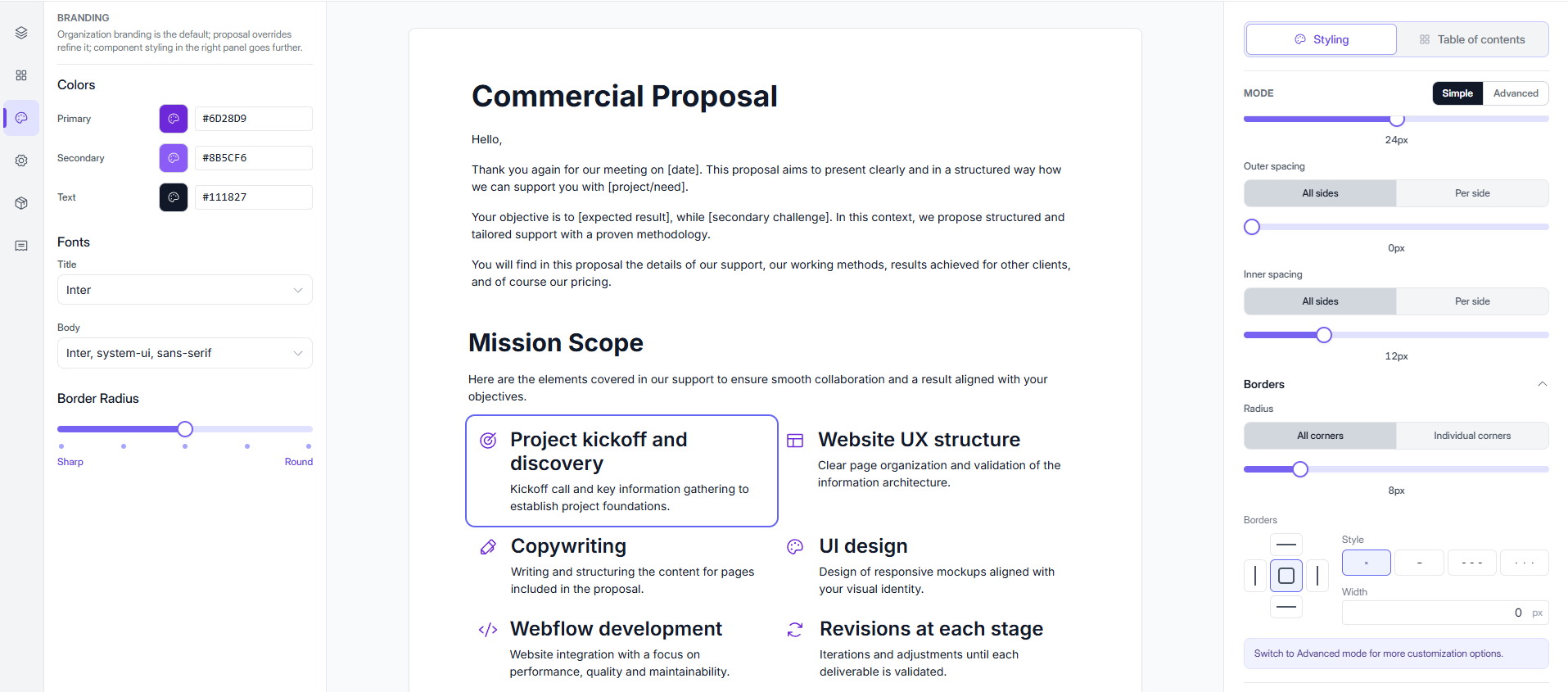 Interface Elevia : propositions commerciales personnalisées à la charte graphique