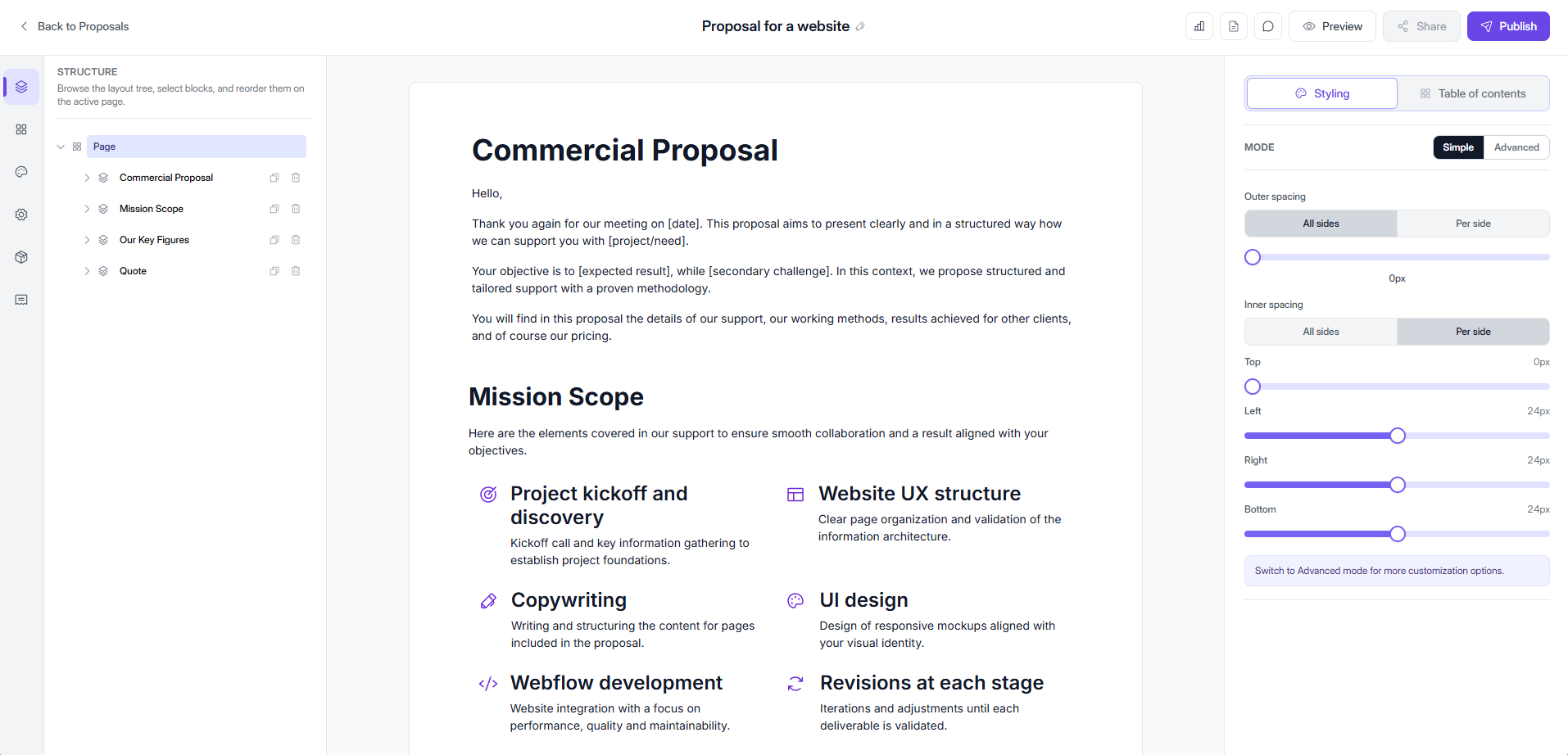 Interface Elevia d'édition de proposition commerciale : structure du document, contenu et panneau de style.
