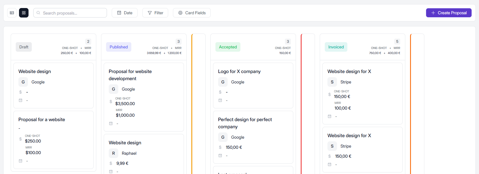 Interface Elevia : statuts de proposition dans le pipeline