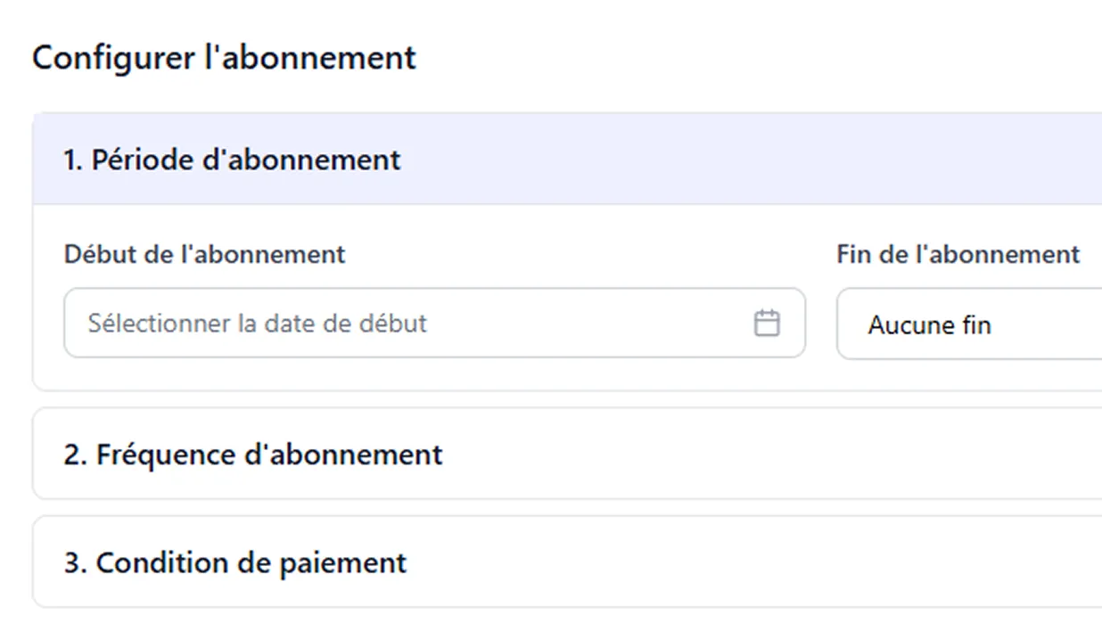 Subscription configuration screen: billing period, start/end dates, frequency, and payment terms.